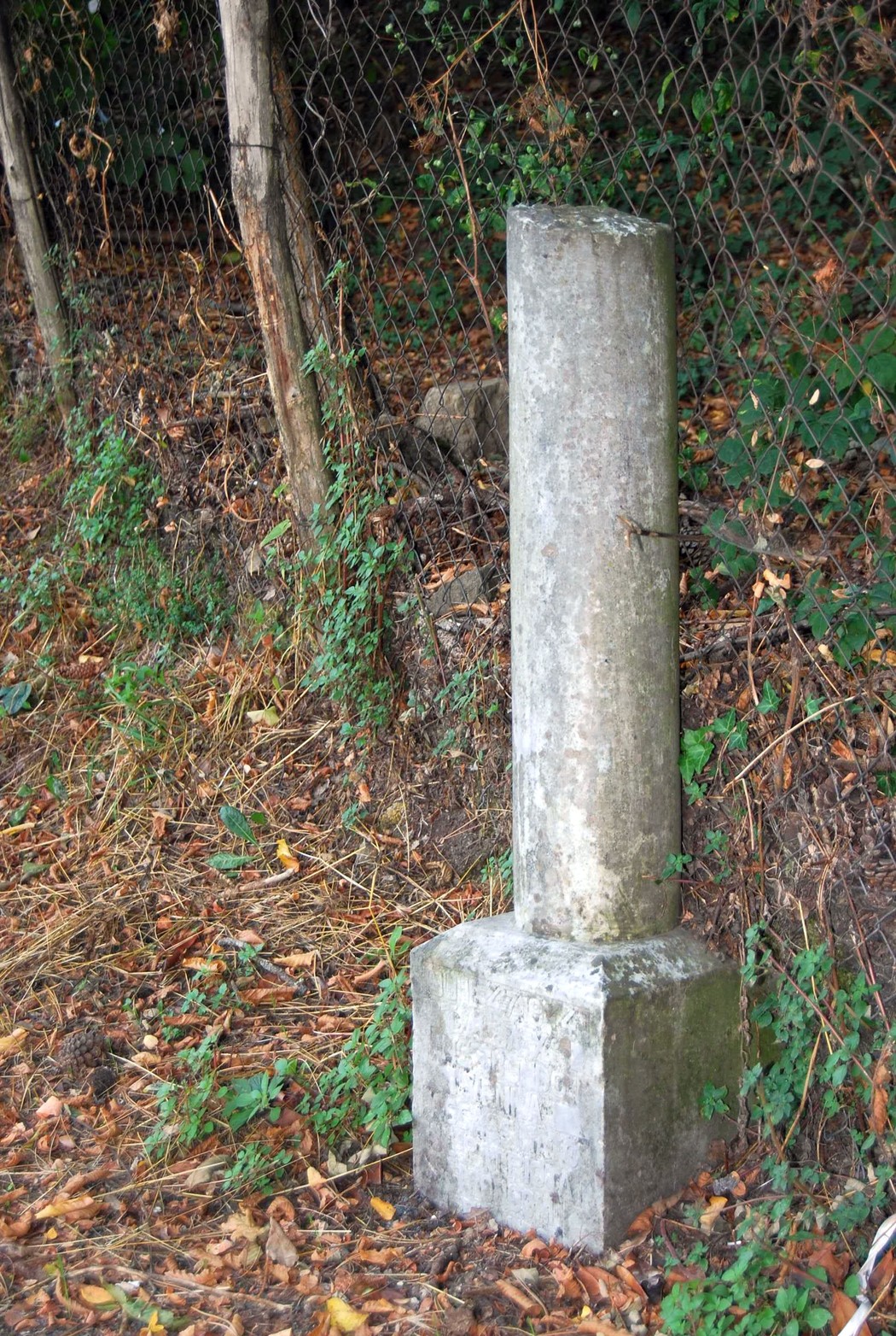 Cippo a tronconi in calcestruzzo, situato in un'area naturale con vegetazione circostante.