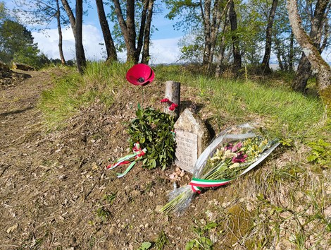 Cippo commemorativo circondato da fiori e un papavero, immerso nella natura e nei boschi circostanti.