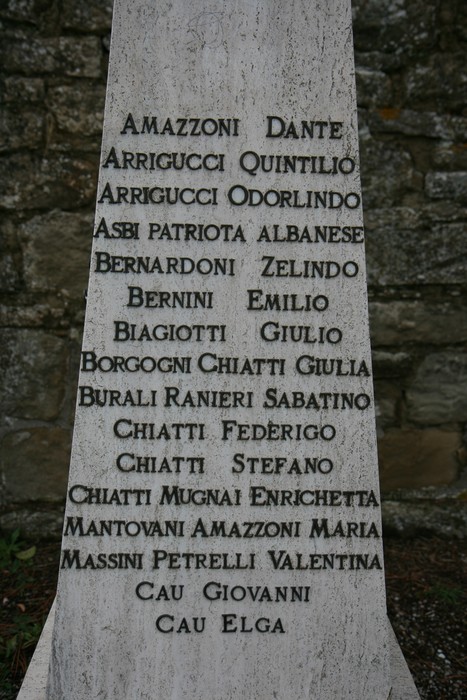 Cippo commemorativo per le vittime dell'eccidio di Cornia, con i nomi dei caduti incisi sulla pietra.