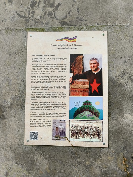Murale commemorativo con immagini e testo dedicato alla Stella Rossa e alla figura di Luigi Fontanella.