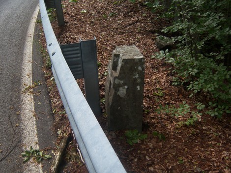 Cippo commemorativo dedicato a Mucci e Petrucci, situato lungo una strada immersa nella natura.