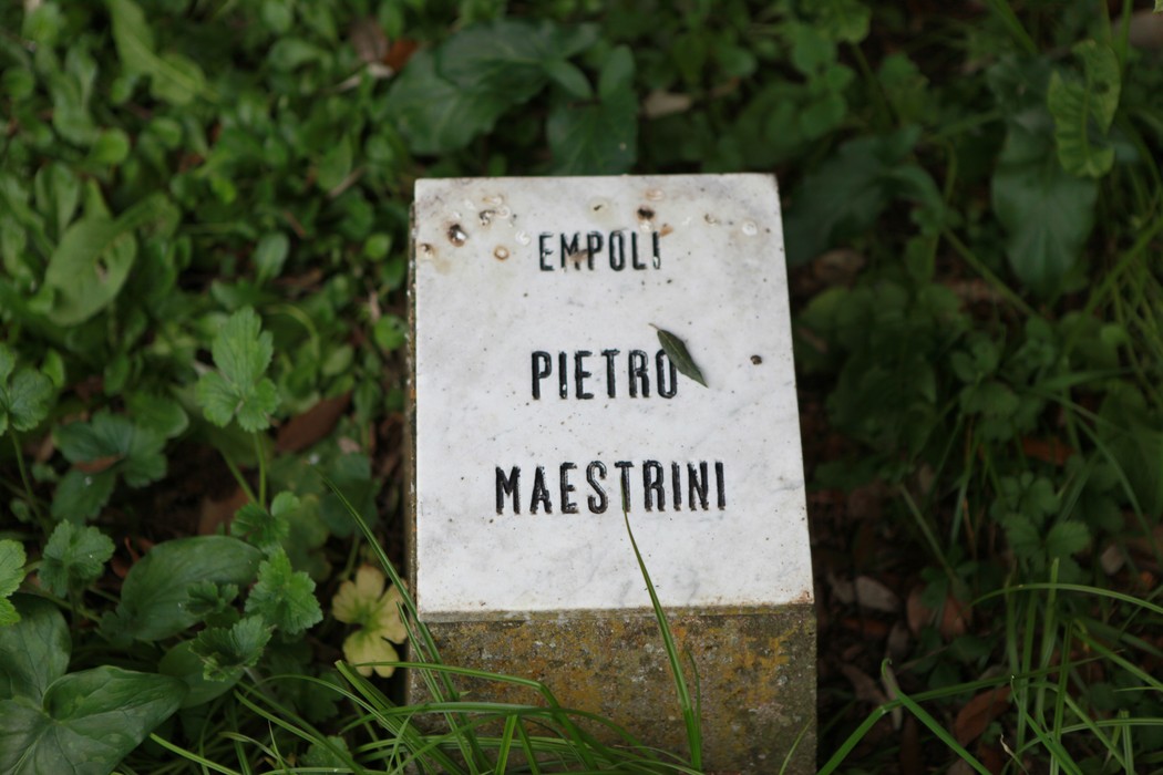 Monumento in un giardino, circondato da verde, dedicato a Pietro Maestrini di Empoli. Atmosfera di tranquillità.