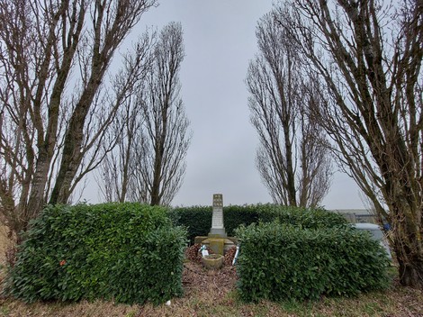 Monumento all'eccidio del Palazzone, circondato da alberi e arbusti, in un contesto nebbioso.