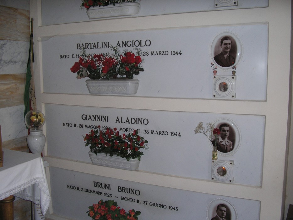 Cappella dei partigiani con lapidi e fiori in memoria dei caduti. Atmosfera commemorativa e di rispetto.