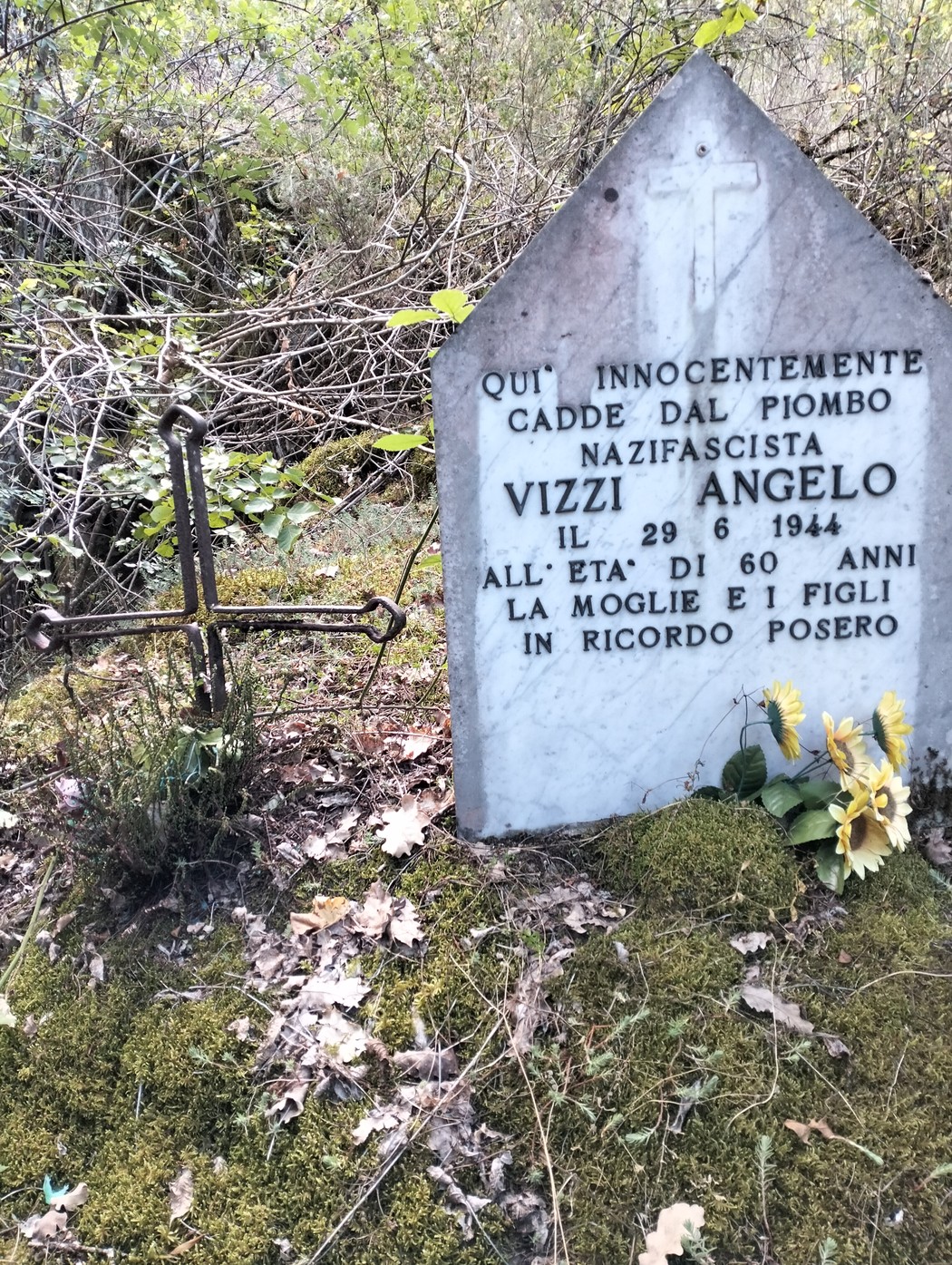 Lapide commemorativa dedicata a Angelo Vizzi, vittima del nazifascismo, immersa nella natura.