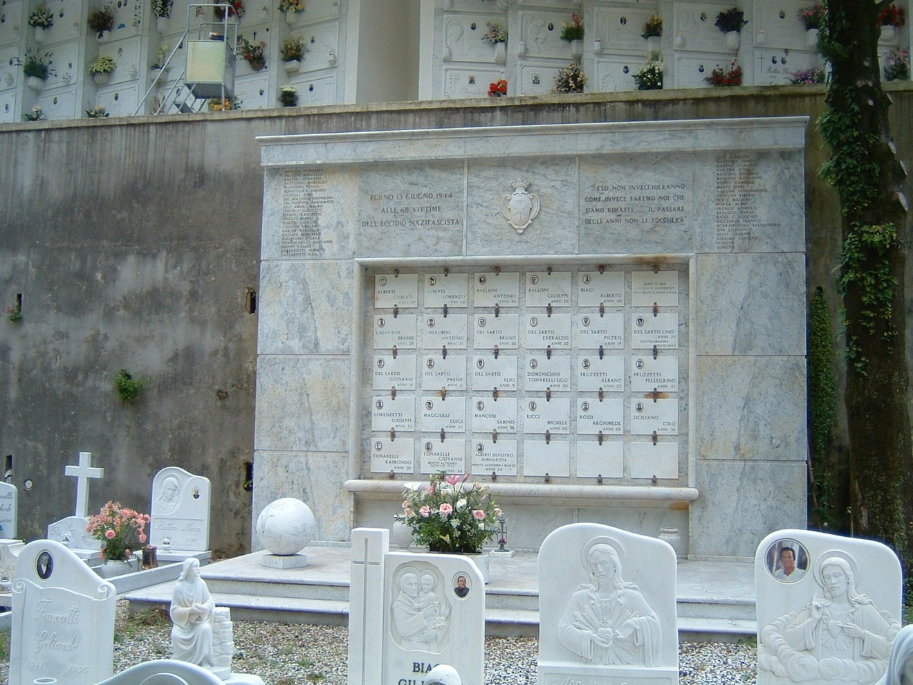 Ossario commemorativo con lapidi e fiori, dedicato alle vittime di Forno. Un luogo di memoria e rispetto.