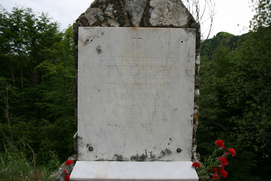 Monumento in memoria dei combattenti Manfroni e Savini, situato in un contesto naturale.