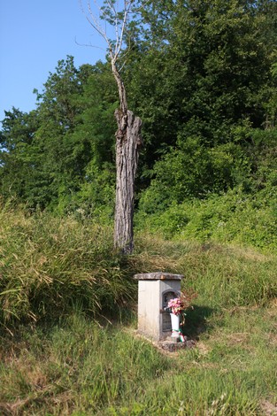 Cippo commemorativo con fiori, immerso nella natura e circondato da erba alta e alberi.