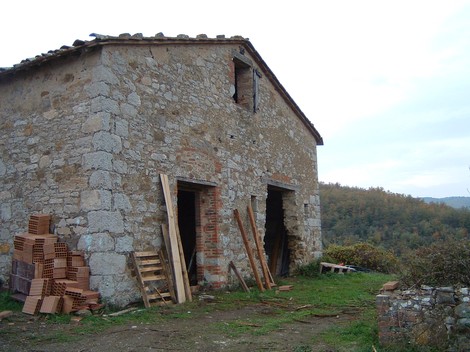 Lapide di Palazzaccio d'Arceno, edificio in rovina immerso nella natura toscana.