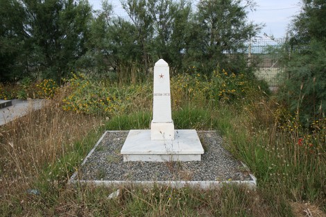 Un cippo storico in un'area naturale, circondato da erba e fiori selvatici.
