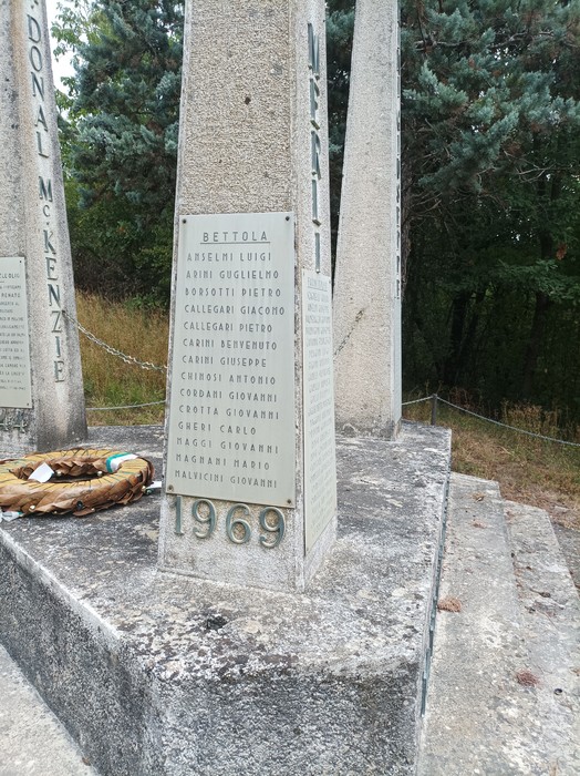 Monumento ai partigiani della Valnure, commemorazione con iscrizioni su piloni e un corone di fiori.