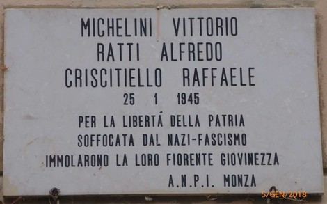 Lapide commemorativa per Vittorio Michelini, Alfredo Ratti e Raffaele Criscitiello, vittime del nazifascismo.