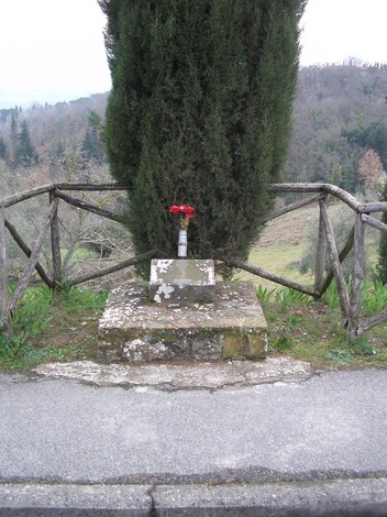 Cippo a Bonci con una pianta, situato in un contesto naturale e circondato da una recinzione in legno.