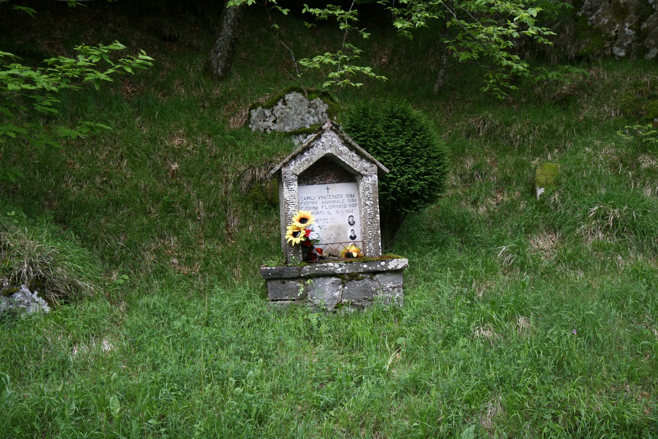 Tabernacolo dedicato a Carli, Fiorini e Fiorini, immerso nella natura, circondato da erba verde e decorazioni floreali.