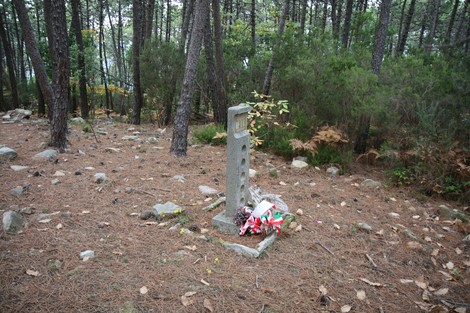 Cippo commemorativo immerso nel bosco, circondato da alberi e foglie, con decorazioni floreali ai suoi piedi.