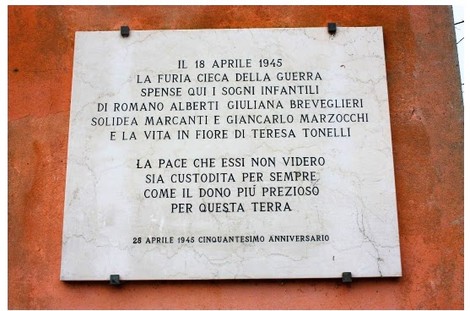 Lapide commemorativa dedicata ai ragazzi di Castel Campeggi, in ricordo delle vittime della guerra del 1945.