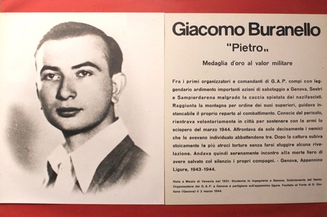 Targa commemorativa di Giacomo Buranello, medaglia d'oro al valor militare, con descrizione della sua eroica vita.
