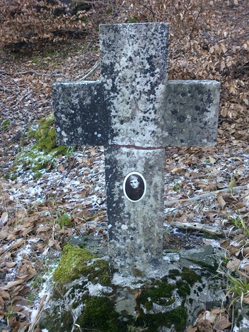 Croce in pietra con base muschiosa, caratterizzata da segni del tempo e un ritratto incassato.