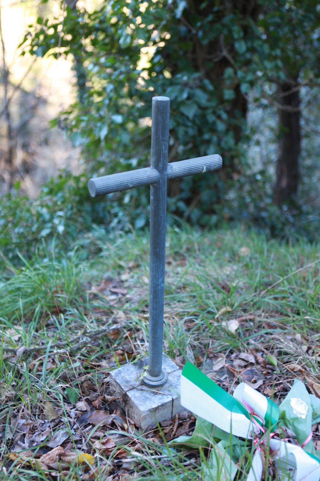 Croce commemorativa su un basamento in pietra, circondata da vegetazione naturale.