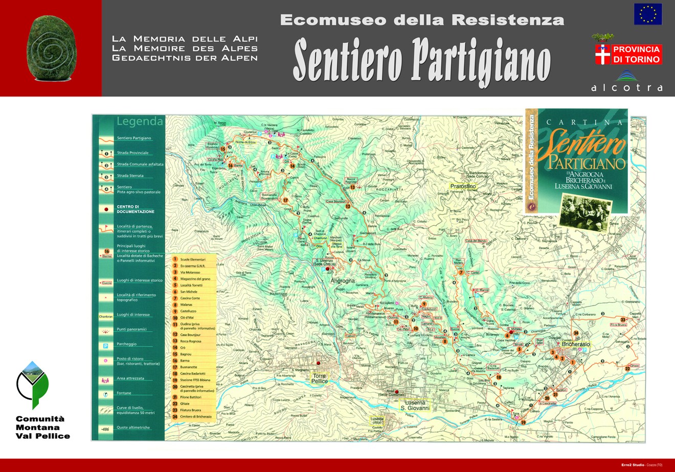 Mappa del "Sentiero dei Partigiani", evidenziando percorsi e punti d'interesse nella zona montuosa.