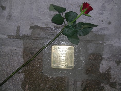 Pietra d'inciampo dedicata a Jarach Cesana, con una rosa rossa posata accanto.