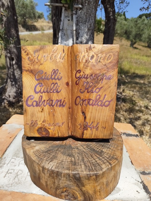 Cippo ligneo a forma di libro aperto con iscrizione, poggiato su un tronco tagliato tra gli alberi.
