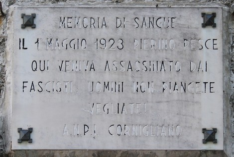 Lapide commemorativa in memoria di Pierino Pesce, assassinato dai fascisti il 1 maggio 1923 a Cornigliano.