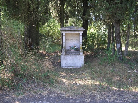 Tabernacolo a Rotelli immerso nella vegetazione, con un'edicola che custodisce fiori e segni di devozione.