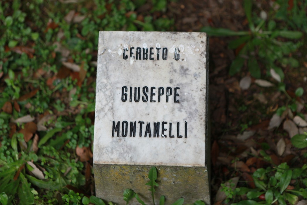 Pietra commemorativa nel Giardino della meditazione, circondata da una vegetazione verde e rigogliosa.