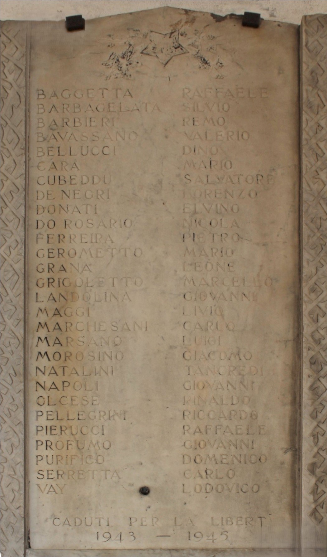 Lapide commemorativa con nomi di caduti, situata al Molo, dedicata alla memoria dei sacrifici fatti.