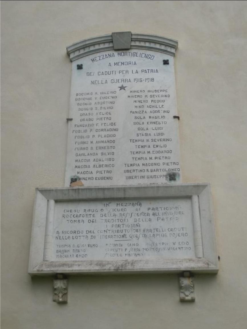 Lapide commemorativa ai caduti partigiani di Mezzana con i nomi dei defunti in guerra.