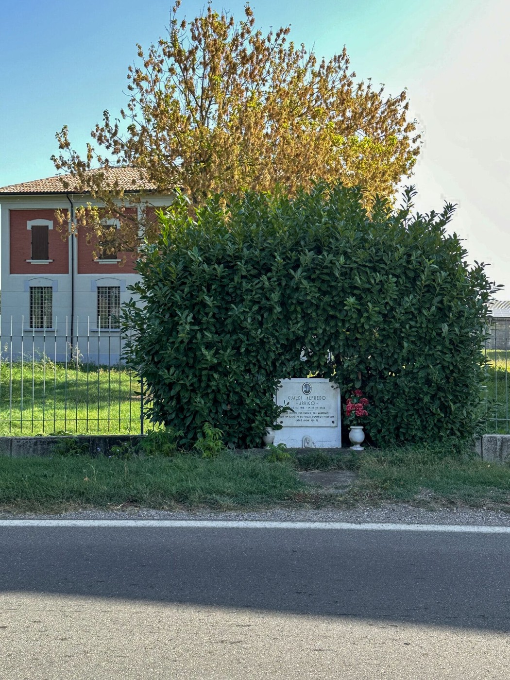 Lapide commemorativa di Gualdi, circondata da un cespuglio verde, visibile lungo strada.