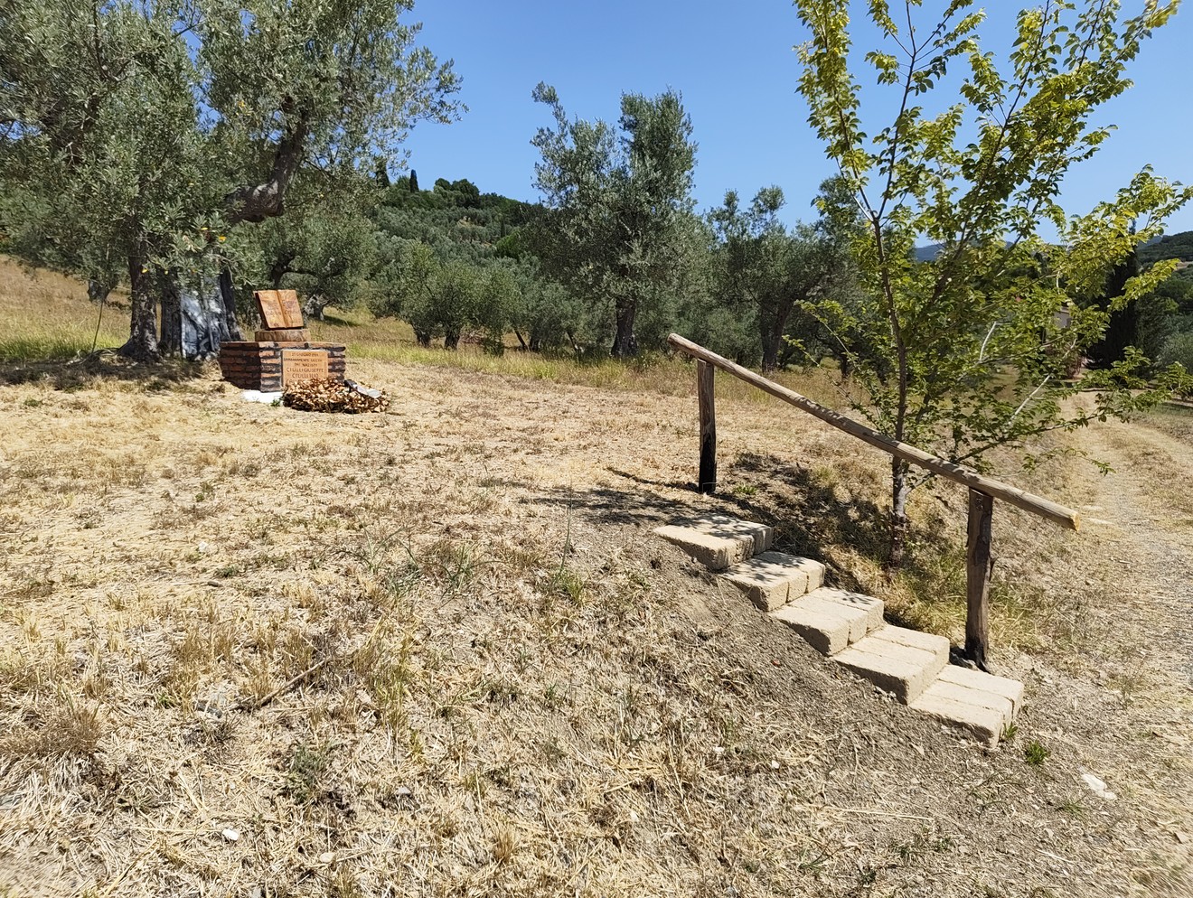 Gradini in pietra con corrimano in legno lungo un sentiero tra ulivi, senza cippo visibile in vista.