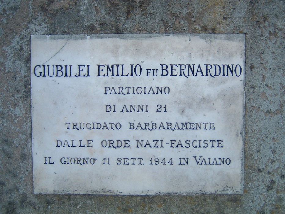 Lapide commemorativa di Giubilei Emilio, partigiano trucidato dalle forze nazifasciste il 11 settembre 1944 a Vaiano.