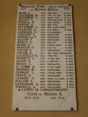 Lapide commemorativa delle Medaglie d'Oro di Reggio Emilia, ricordando i caduti e i partigiani.