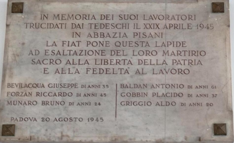Lapide in memoria dei lavoratori FIAT uccisi durante l'eccidio di Castello di Godego il 29 aprile 1945.