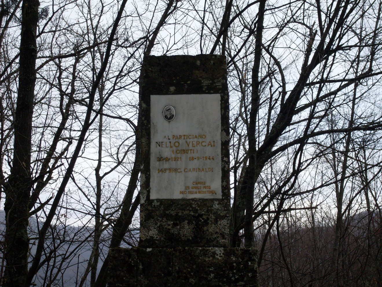 Cippo commemorativo a Vergai dedicato al partigiano Nello Vergai, simbolo di resistenza e memoria storica.