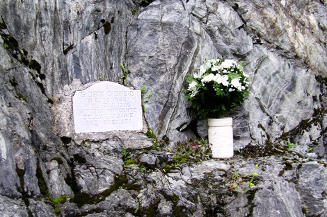 Lapide commemorativa di Giorgi, con fiori, su una roccia. Un tributo di memoria e rispetto.
