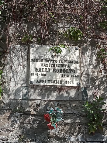 Lapide in memoria di Galli Rodolfo, con decorazioni floreali, affissa su un muro ricoperto di edera.