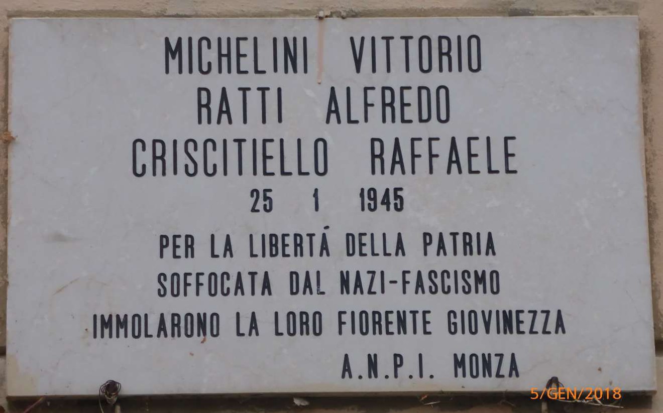 Lapide commemorativa per Vittorio Michelini, Alfredo Ratti e Raffaele Criscitiello, vittime del nazifascismo.