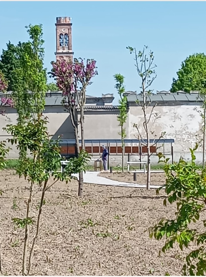 Giardino della Memoria con un sentiero curvilineo e alberi, sullo sfondo una torre e un edificio.