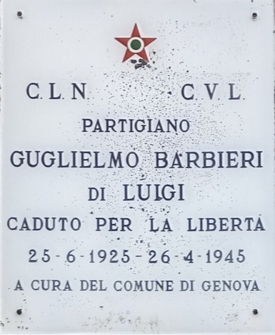 Targa commemorativa dedicata a Guglielmo Barbieri, partigiano caduto per la libertà a Genova.