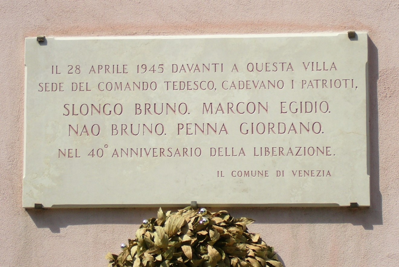 Lapide commemorativa a Marcon per Slongo, Nao e Penna, in memoria dei patrioti del 1945.