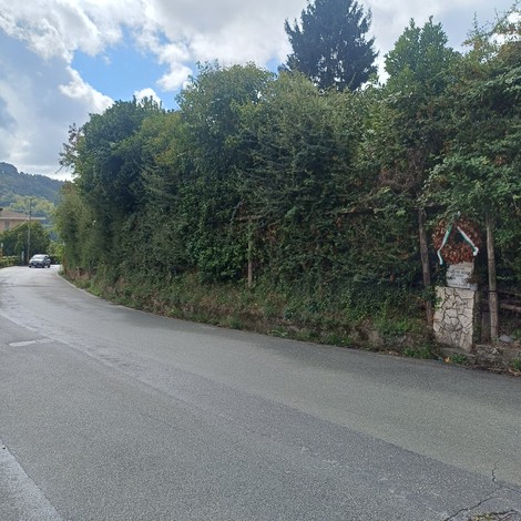 Cippo in pietra con iscrizione, lungo una strada di campagna fiancheggiata da siepi e alberi.