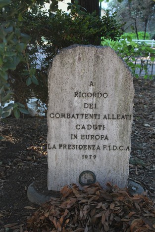 Monumento commemorativo dedicato ai combattenti alleati caduti in Europa, immerso nella natura.