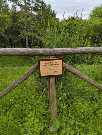 Cartello informativo su "Ginestra del partigiano" immerso in un'area verdeggiante e naturale.