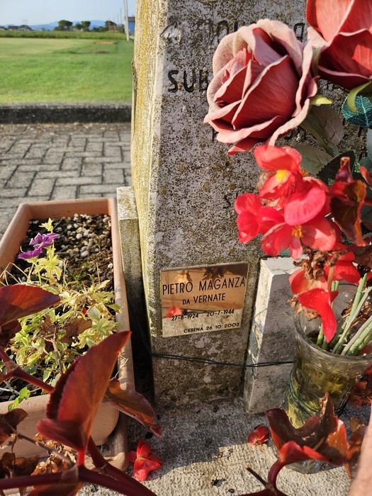 Cippo commemorativo con fiori e una targhetta in memoria di Pietro Maganza, situato in un paesaggio verde.