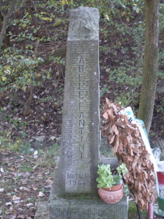 Monumento commemorativo a Simonini, con iscrizioni e decorazioni floreali, immerso nella natura.