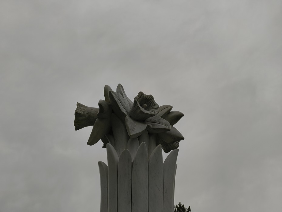 Monumento ai soldati sudafricani, con una scultura di fiori su sfondo nuvoloso.
