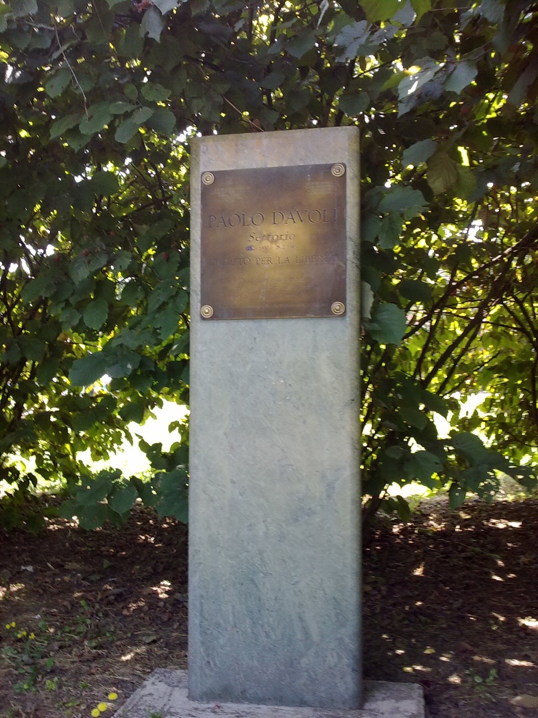 Monumento a Davoli, dedicato a Paolo Davoli, incastonato nella vegetazione.